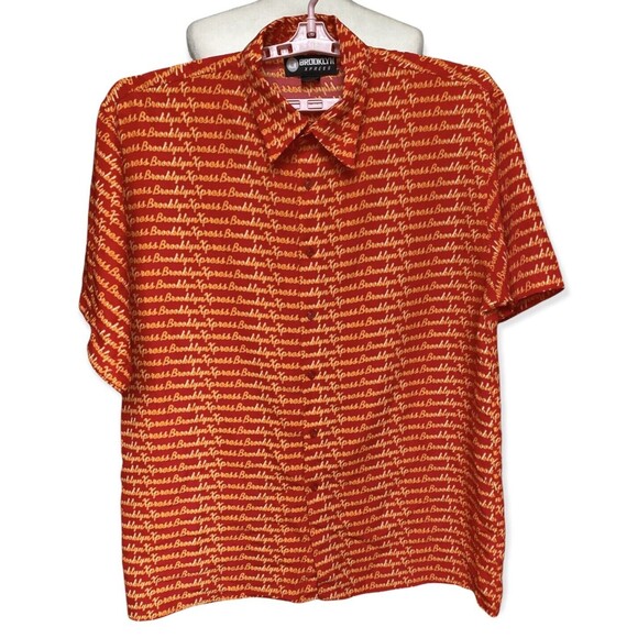 Brooklyn Xpress Red Orange All over Logo Spellout Print Hawaiian Shirt Size XL - Picture 1 of 4